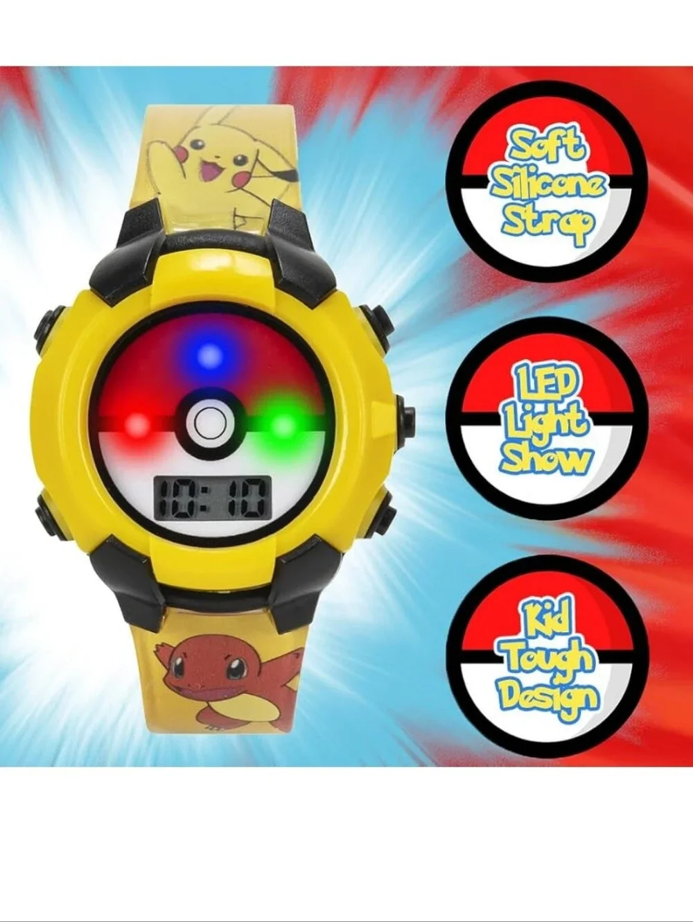 Kids Flashing LCD Watch - Yellow Charmander & Pikachu Design